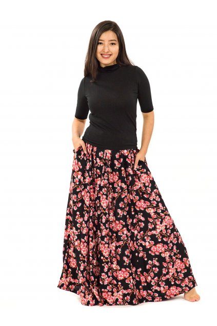 Maxi sukně  s kapsami Sakura - černá s červenou