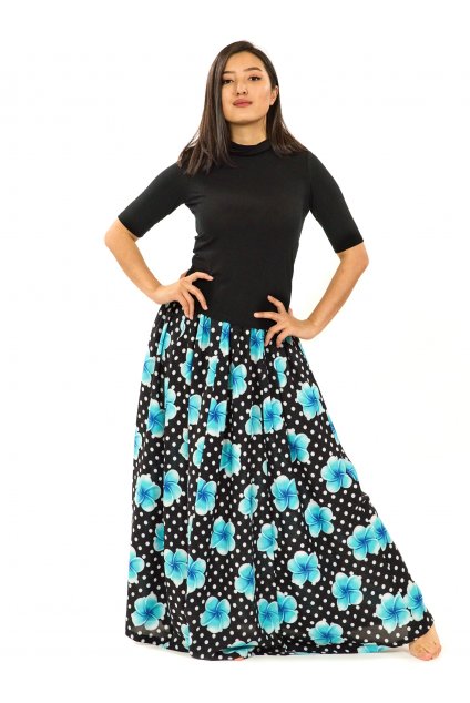 Maxi sukně s kapsami  Plumeria - černá s tyrkysovou