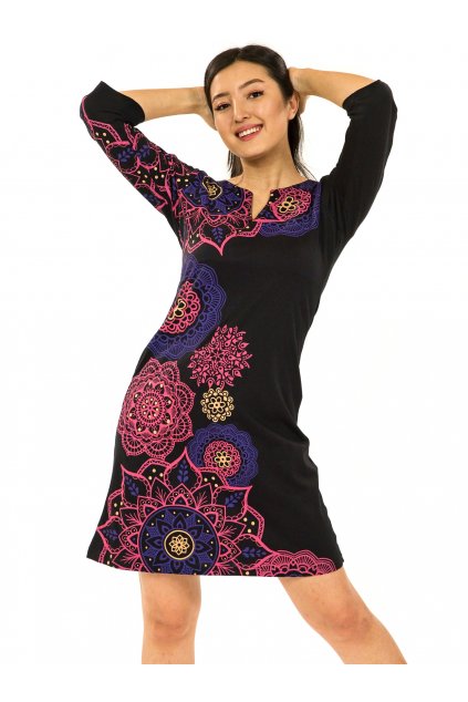 Šaty s 3/4 rukávem Ailana - černá s růžovou a fialovou