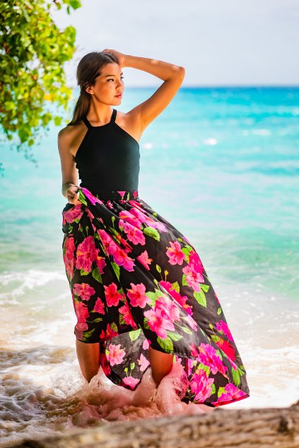 Maxi sukně s kapsami Ibišek černá s růžovou