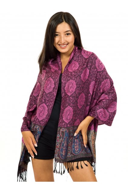 Šátek pašmína Nepal - černá s růžovou