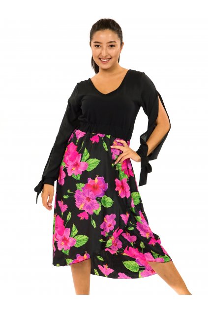 Midi šaty Ibišek - černá s růžovou