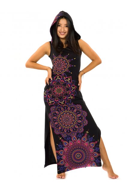 Dlouhé šaty s kapucí Hanalei - černá s růžovou