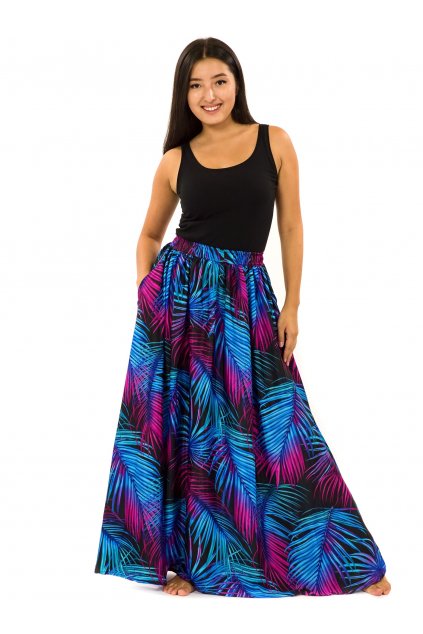 Maxi sukně s kapsami Listy - tyrkysová s fialovou