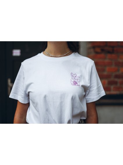 Dámské bílé tričko Maneki neko pink