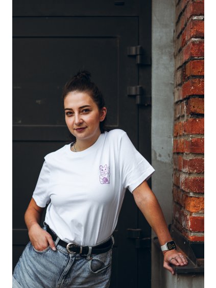 Dámské bílé tričko Maneki neko pink