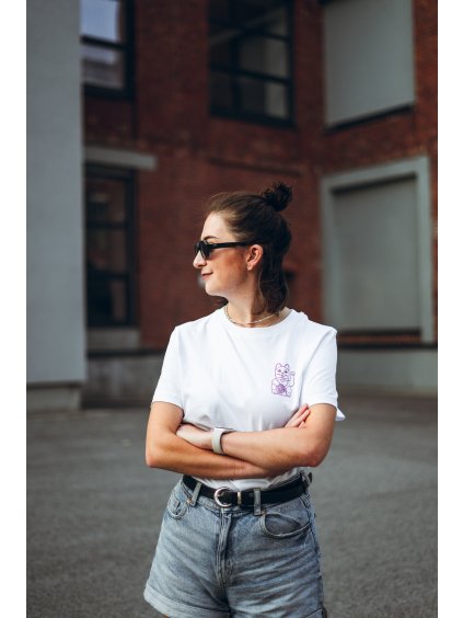 Dámské bílé tričko Maneki neko pink