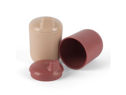 Detské hrnčeky s viečkom Tiny Bio – Nude/Red, balenie 2 ks