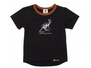 Kojenecké tričko s krátkým rukávem Pomoc Austrálii s klokanem. Oblečení pro miminka, kojenecké a dětské oblečení. klokan s mládětem. Krátký rukáv, černé tričko s hořčicovým lemem.