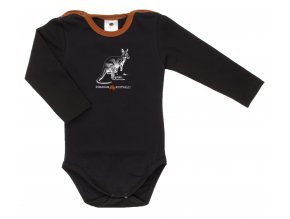 Kojenecké body s dlouhým rukávem Pomoc Austrálii s klokanem. Oblečení pro miminka, kojenecké a dětské oblečení. klokan s mládětem. Dlouhý rukáv, černé body s hořčicovým lemem.
