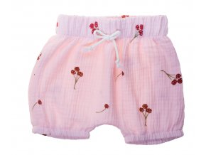 Kojenecká letní souprava Třešně rose. Letní souprava pro miminka. Jednobarevné bílé body s krátkým rukávem a náprsní kapsičkou. Růžové kraťasy z gázoviny. Oblečení pro miminka a pro děti. Kraťasy. Třešinky.