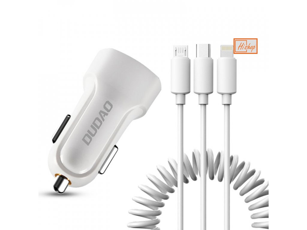 eng pl Dudao car kit 2x USB 2 4A charger 3in1 Lightning Type C micro USB cable white R7 white 55635 1