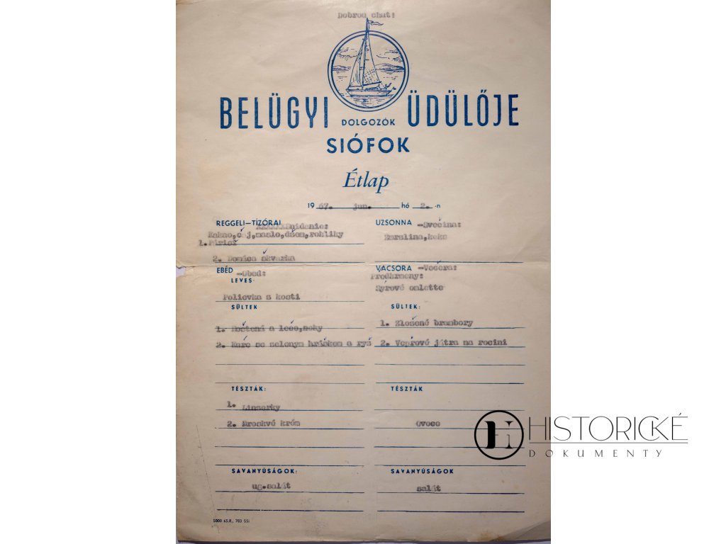 Jídelní lístek, Belugyi Uduloje. Siofok, 1967 (2)