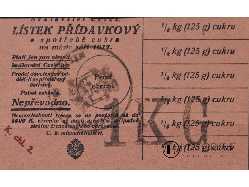 Lístek přídavkový, cukr, 1917