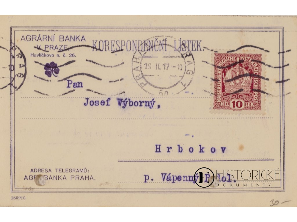Korespondenční lístek, Agrární banka, 1917 9327