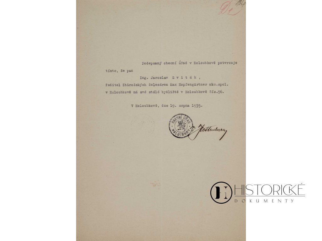 Potvrzení, trvalé bydliště, 1935