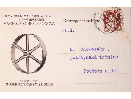 Celina Korespondenční karta, Mach a Fischer, Hronow, 1920 (2)