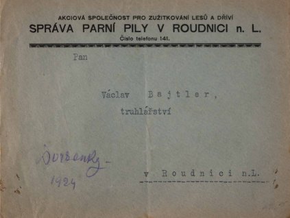 Obálka obchodní, Správa parní pily v Roudnici nL., 1924