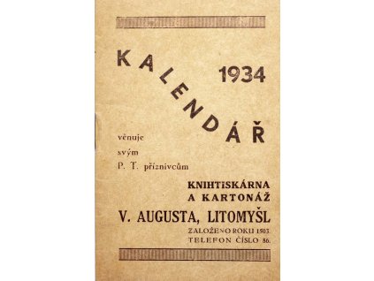 Reklamní kalendář, Knihtiskárna, Augusta, Litomyšl, 1934 (1)