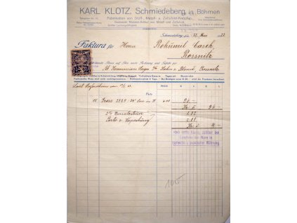 Faktura K. Klotz. Schmiedeberg, 1922