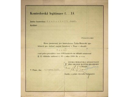 Kontrolská legitimace, obchod, 1939