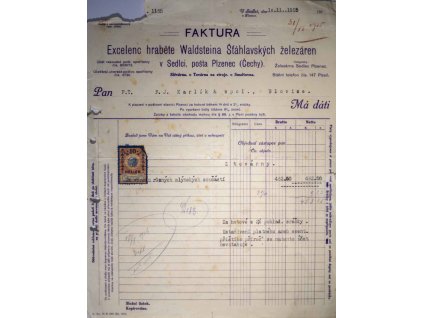 Faktura Excelenc hraběte Waldsteina Šťáhlavských železáren, 1915