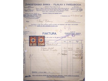 Faktura Živnostenské banky, Pardubice, 1916