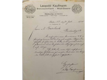 Obchodní dopis Kaufman, továrna na bronzové zboží, 1910