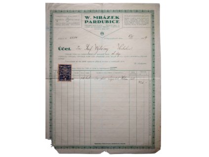 Účet W. Mrázek Pardubice 1919 re
