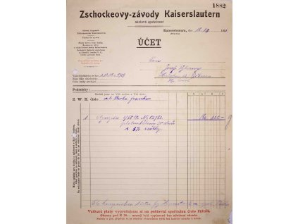Faktura účet Zchockeovy závody Kaiserlslautern, 1916