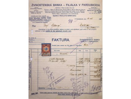 Faktura Živnostenské banky, Pardubice, 9 1916
