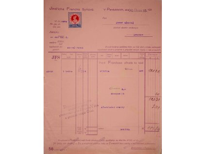 Faktura J. Franc & synové, 1918