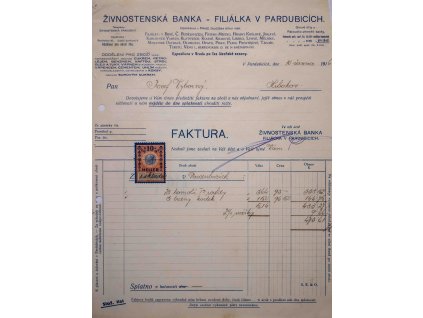 Faktura Živnostenské banky, Pardubice, 1916 3