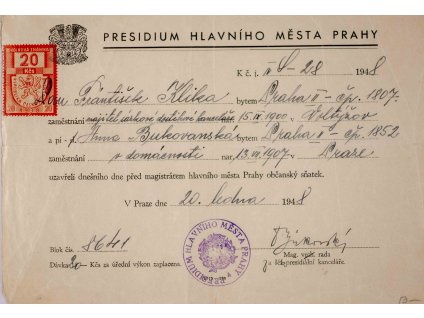 Potvrzení o sňatku, Praha, 1948