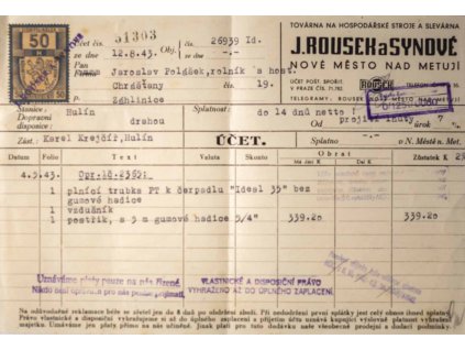 Faktura účet, Rousek a synové, Hulín, 1943