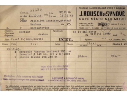 Faktura účet, Rousek a synové, Chroustovice, 1943