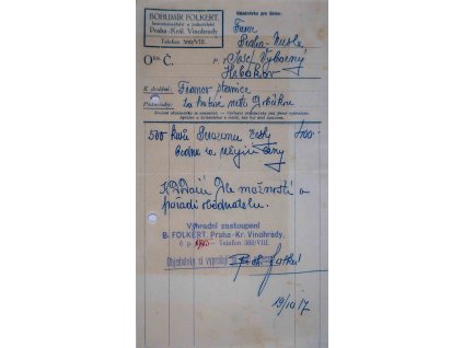 Účet B. Folkert, Vinohrady, 1917