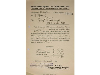 Účet Hasičská vz. pojišťovna, 1918