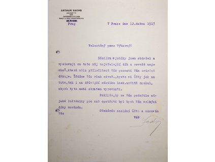 Obchodní korespondence, Arthur Sachs, 1917