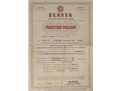 Pojistka smlouva, pojištění požární, Slavia, 1942 (1)