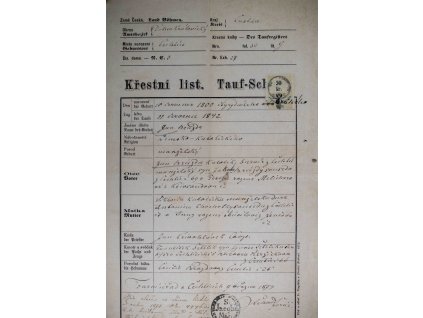 Křestní list, Čáslav, 1842