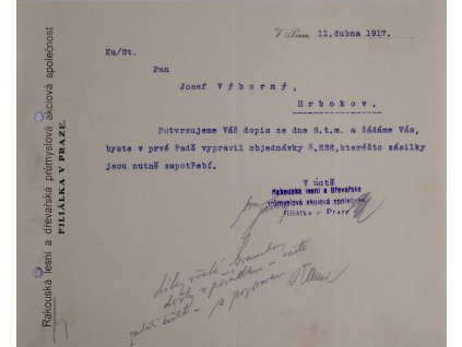 Obchodní korespondence, Rakouská lesní a dřevařská, 1917 III