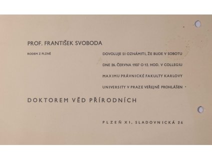 Pozvánka, doktorát, PF UK, Praha, 1937
