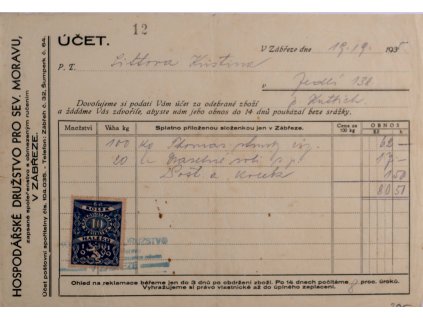 Účet Hosp. družstvo pro Sev. Moravu, 1935 IX
