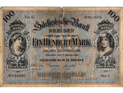 Soukromá bankovka 100 marek Drážďany 1911, série K č. 021695. Vzácná saská regionální emise platná do 1923. Deutsches Länder numismatika 7854
