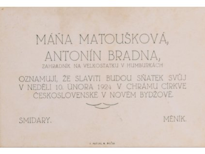 Oznámení svatební, 1924