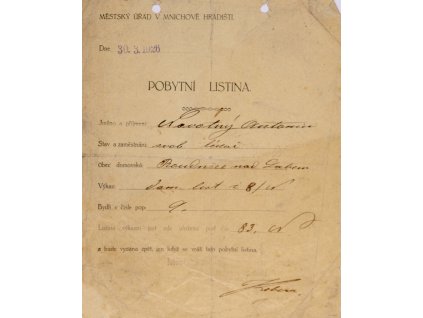 Pobytní listina, 1926