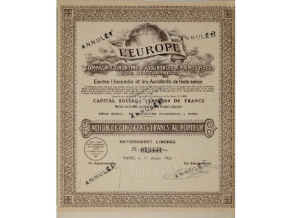 Akcie, L'EUROPE pojišťovna a zajišťovna Paris, 1923