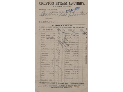 Účet z prádelny, Creston, 1909
