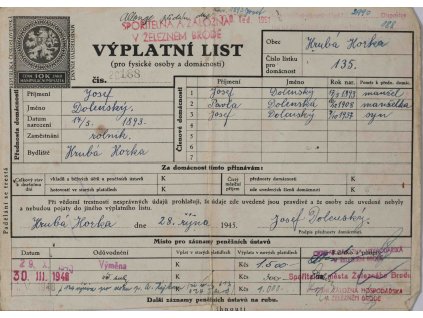 Výplatní list, Železný Brod, 1948